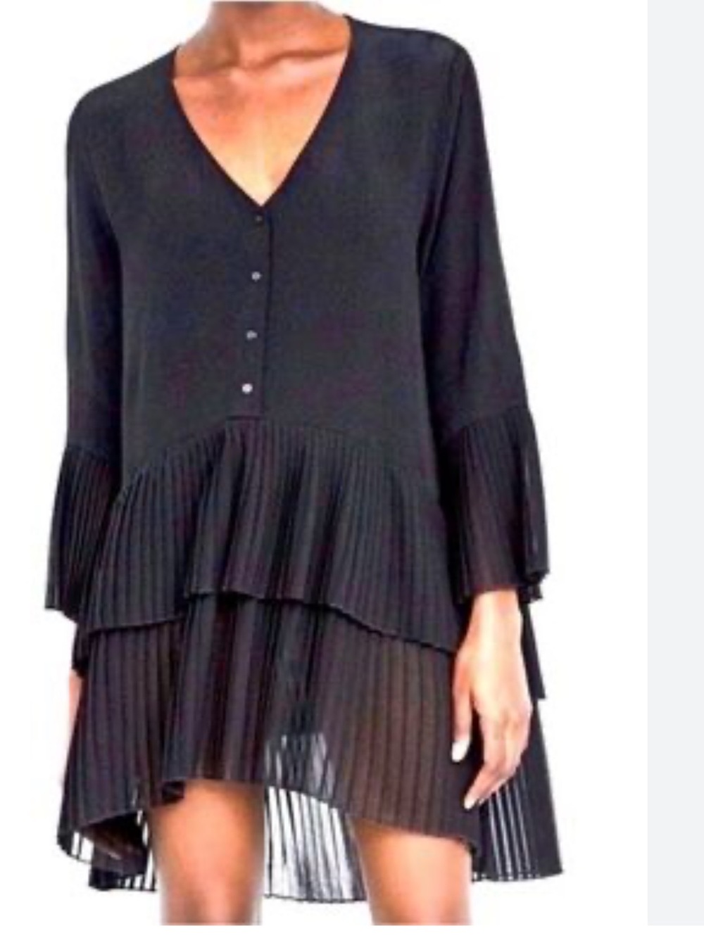 Zara Black Pleated Tiered V-Neck Tunic Dress Size M